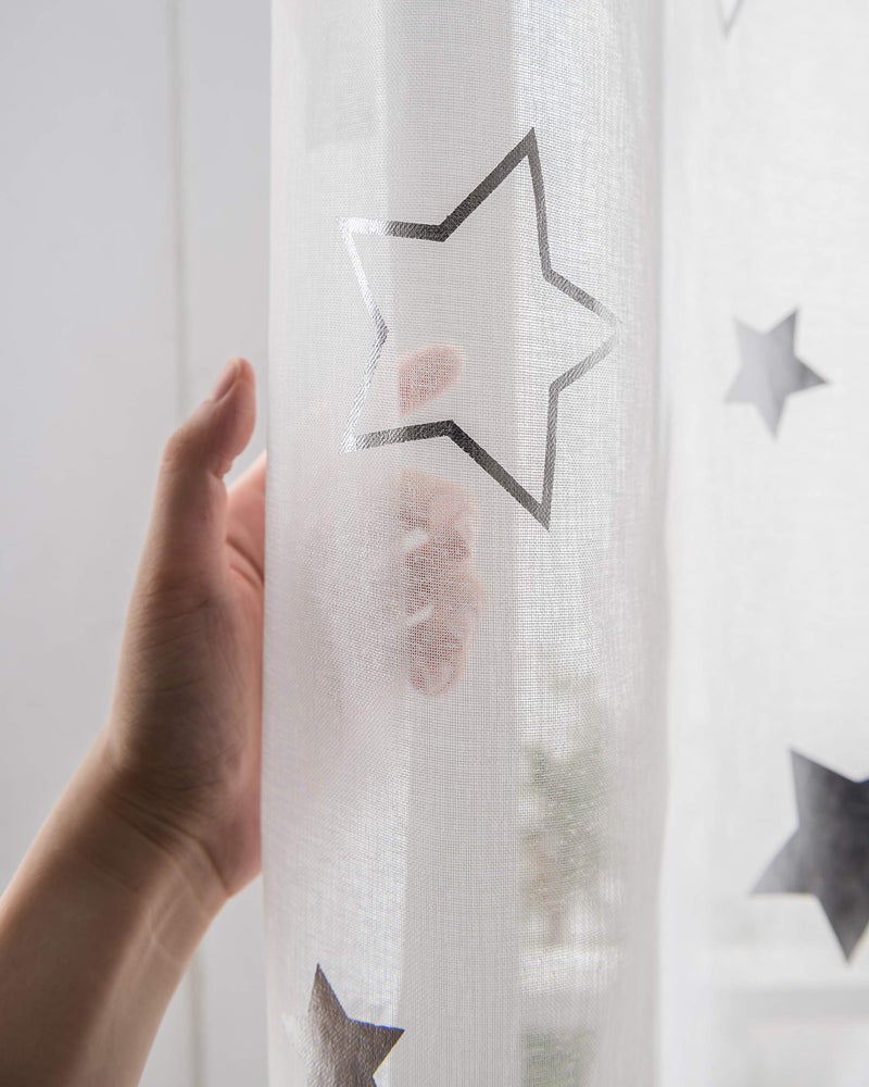 SEEKRIGHT Twinkle Moon Curtains Sheer Silver for Baby Nursey Room - Grommet Star and Moon Lace Curtains for Living Room 84 Inch Length, Set 2 Panels - Image 5